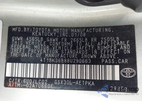 2008 Toyota Avalon Limited z USA, uszkodzony, nr VIN 4T1BK36B88U290663